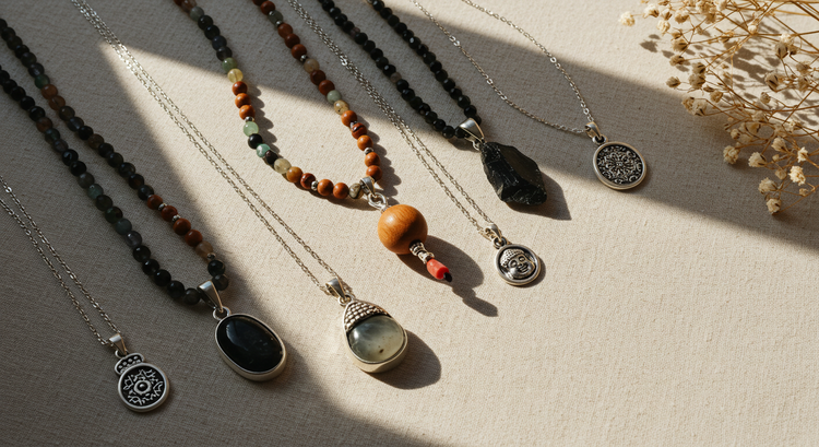 A bright and realistic lifestyle photo of multiple elegant necklaces and pendants — including chakra stone, obsidian, silver, sandalwood, Buddha bead and several simple feminine pendants in silver and natural stone