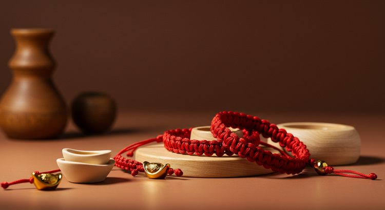 Buddhabeyond red string bracelets in the middle of the picture, with different thinknesses, make large room for the backround The setting should evoke spirituality, luck, and protection