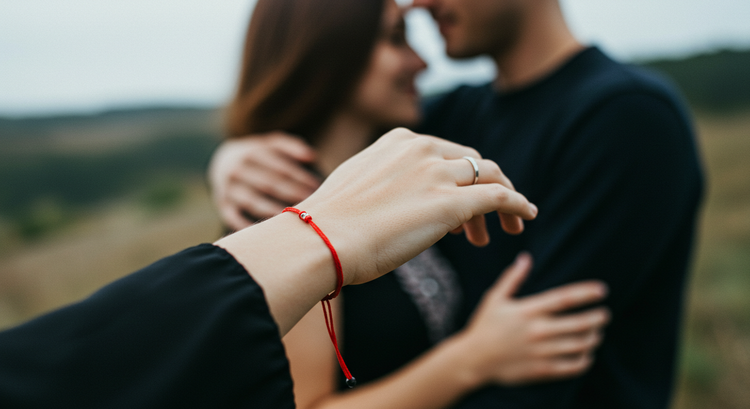 Hand wearing BuddhaBeyond red string bracelet in focus, couple hugging softly in blurred background