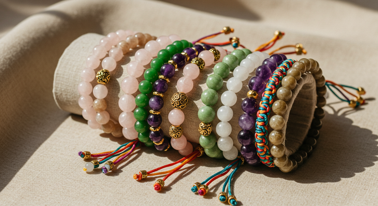 Buddhabeyond women’s bracelets made with rose quartz, jade, amethyst, and Tibetan rope, arranged on a beige fabric background