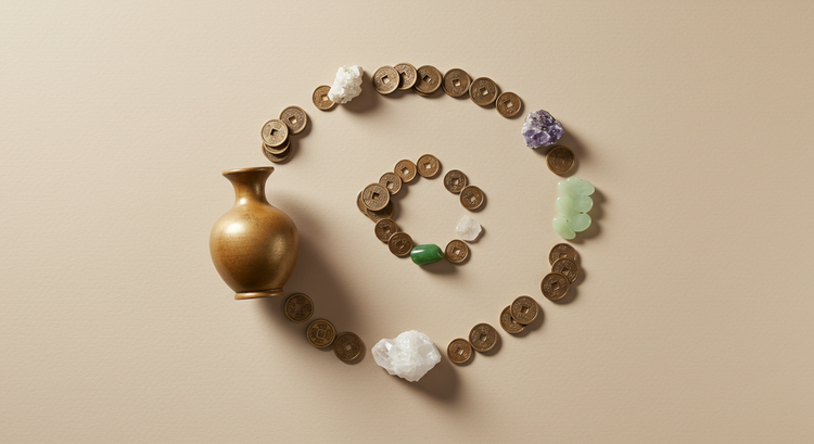 flat lay of Feng Shui wealth objects, featuring a golden vase, scattered coins and crystals, arranged in a flowing pattern, suggesting financial flow