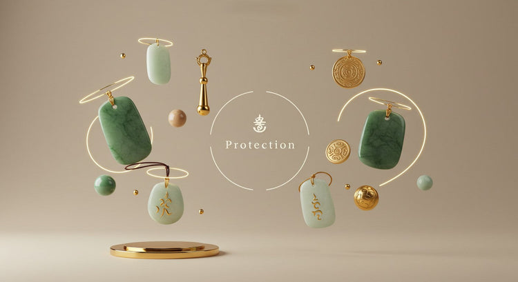 BuddhaBeyond Attract Protection charms floating with glowing light halos and protective energy fields