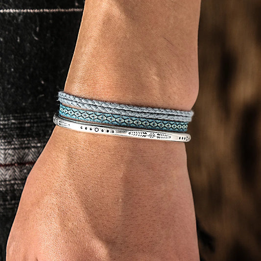 Lucky Woven Rope Bangle Skyline Stack — 3-piece set with S925 silver cuff, light-blue adjustable rope and Seville flat woven bracelet, unisex