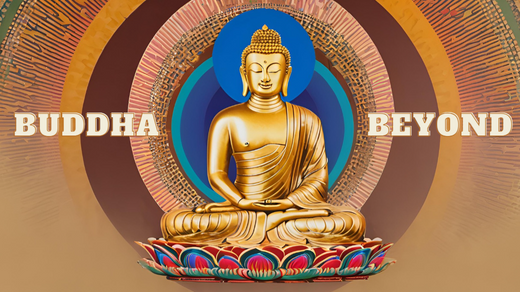 Golden Buddha statue with vibrant background, titled with the Buddha Beyond Logo