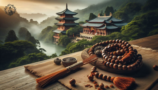 Prayer beads infused with Qing Shui Temple incense ash, symbolizing spiritual connection and meditation