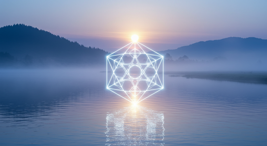 a hexagram hovering above a tranquil water surface, casting soft reflections