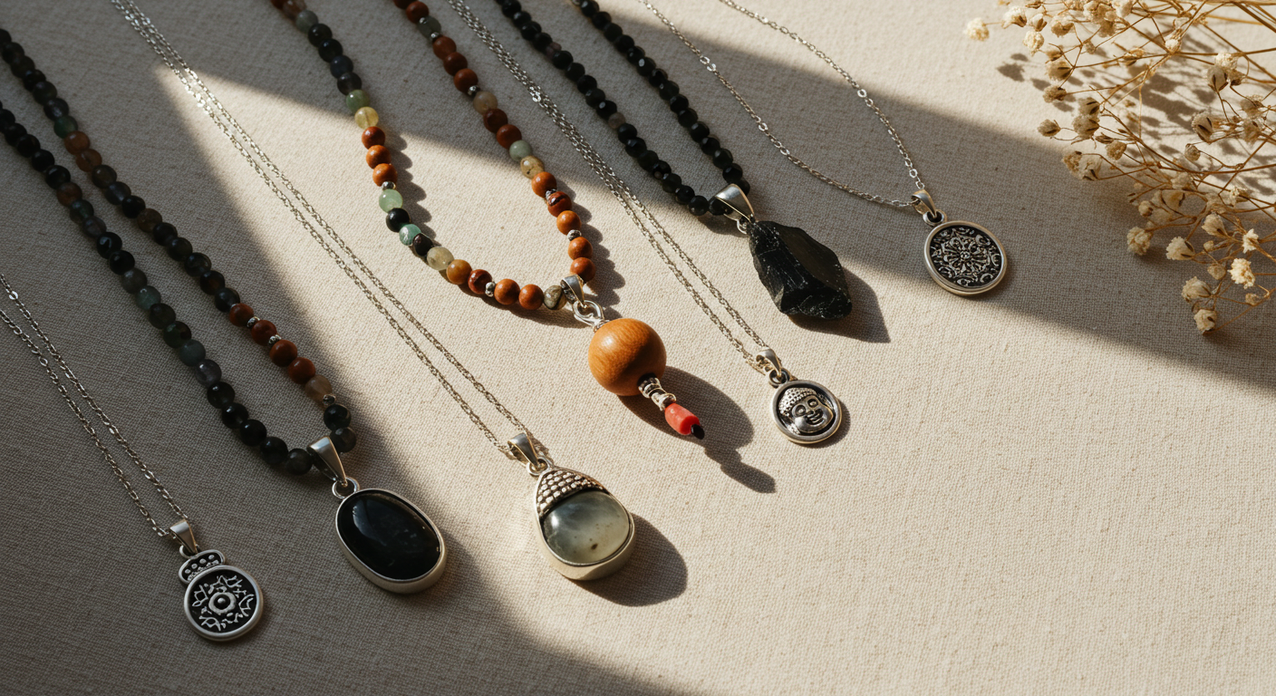 A bright and realistic lifestyle photo of multiple elegant necklaces and pendants — including chakra stone, obsidian, silver, sandalwood, Buddha bead and several simple feminine pendants in silver and natural stone