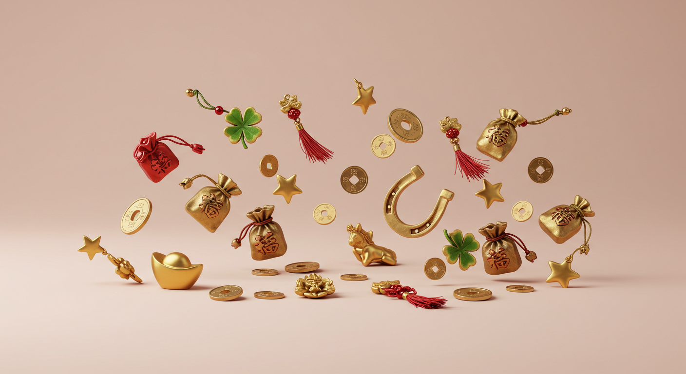 BuddhaBeyond Attract Luck charms with four-leaf clovers, gold coins, jade, horseshoes, and lucky stars, floating gently to evoke fortune and positive energy