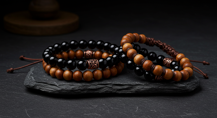 buddhabeyond men’s Feng Shui bracelets made from black obsidian, sandalwood, copper, and braided rope, arranged neatly on a dark textured stone background