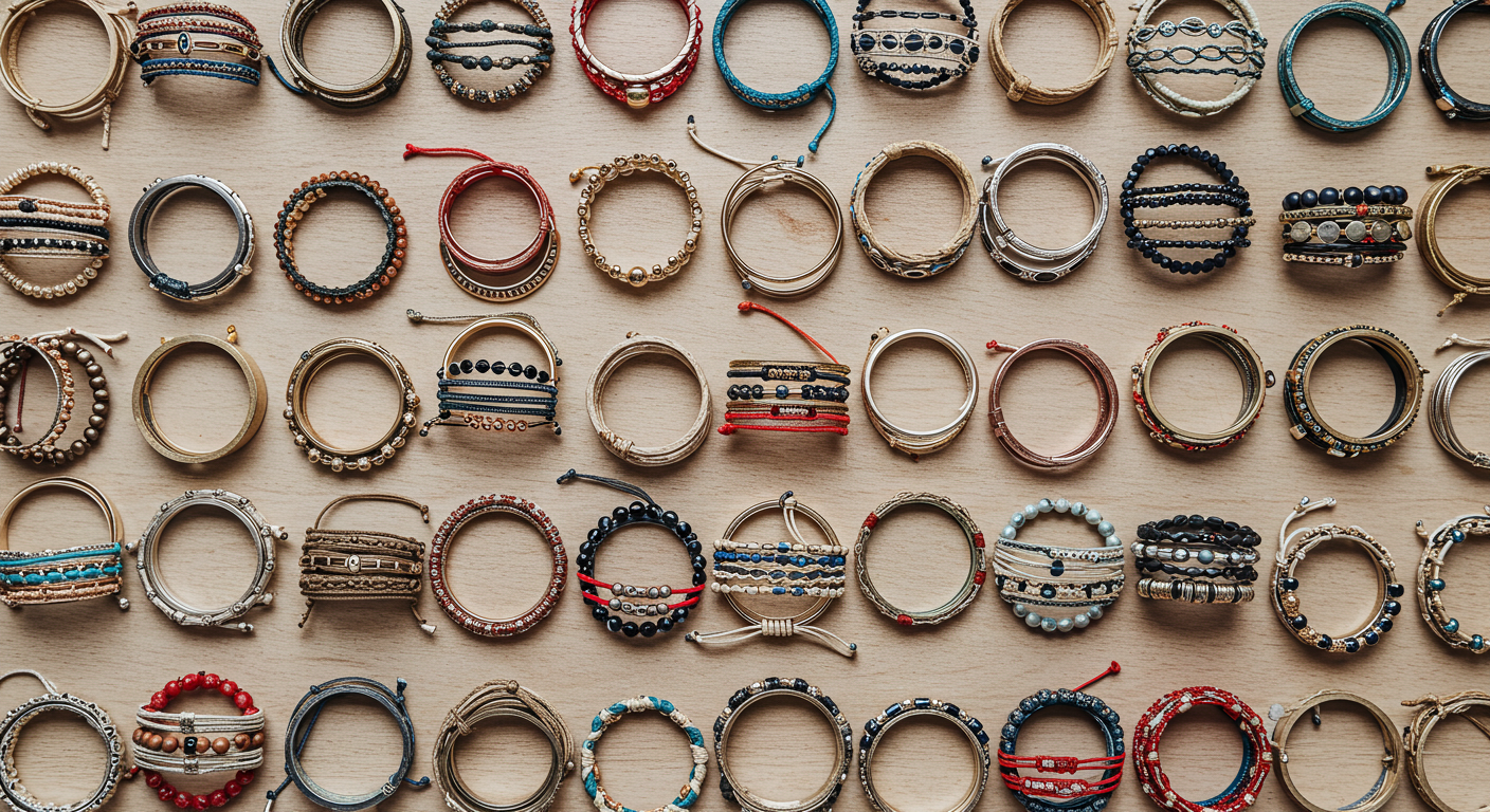 Top-down view of neatly arranged stack bracelet sets, each a flat circular stack of stacked bracelets in natural materials (red string, beads, gemstones bracelet)