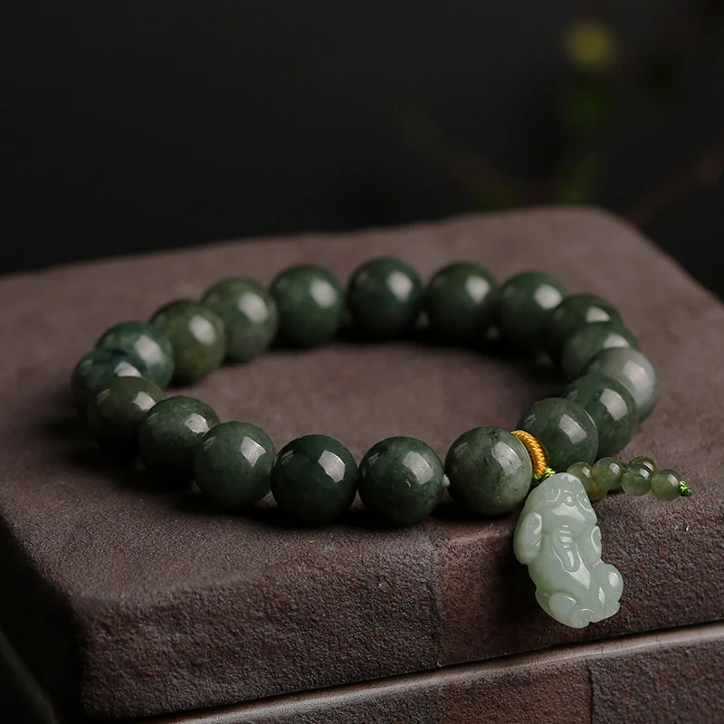 Emerald Green Jade Bracelet with Pixiu - Bring Wealth - BuddhaBeyond