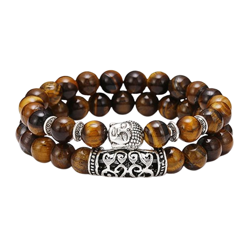 A beautiful tiger's eye bead bracelet adorned with a silver Buddha charm and intricate zinc alloy accents, highlighting earthy colors