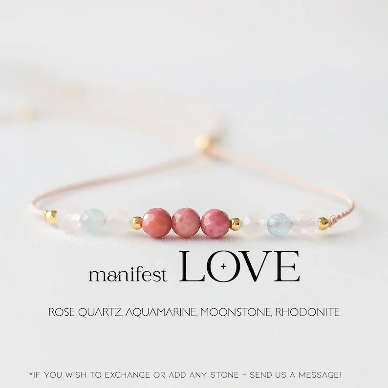 Delicate Self-Love Gemstone Bracelet with dimensions, layered natural stones, elegant design