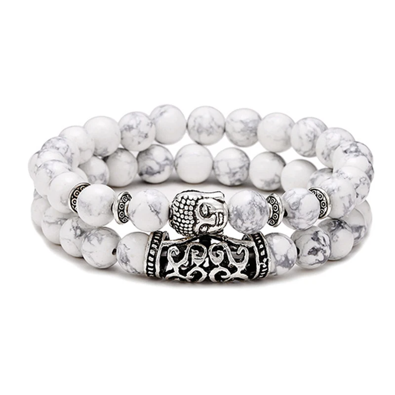 the white turquoise bead bracelet, featuring a silver Buddha charm and stylish design