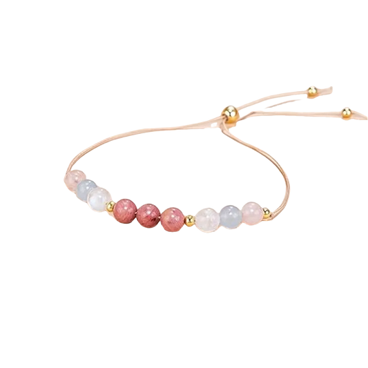 Bracelet with pink rhodonite, aquamarine, and rose quartz beads, natural stone jewelry