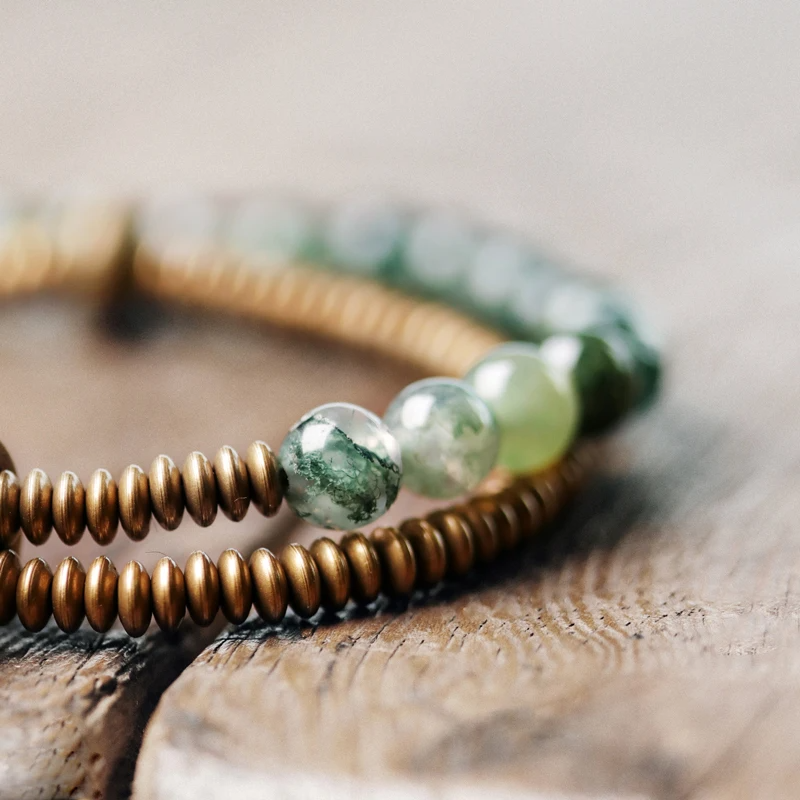 Two-Row Moss Agate Bracelet - Bring Wealth and Health - BuddhaBeyond