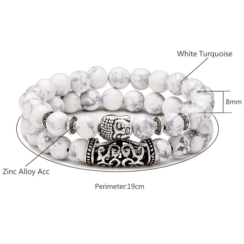 A close-up of a white turquoise bead bracelet featuring a silver Buddha charm and zinc alloy accents, measuring 19 cm in perimeter