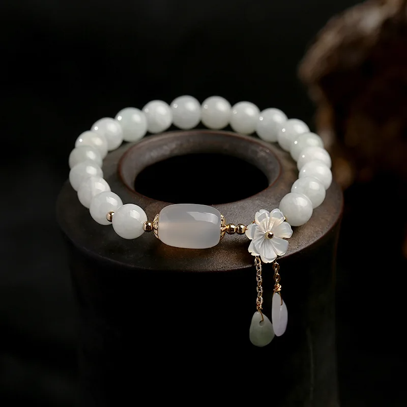 Stacks of white quartz and Agate Barrel Bead bracelet, layered fashion accessory