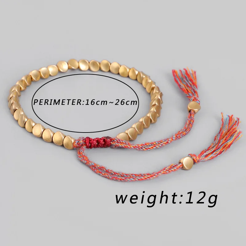 Lucky Rope Bracelet displaying dimensions: perimeter 16cm to 26cm, weight 12g, adorned with copper beads