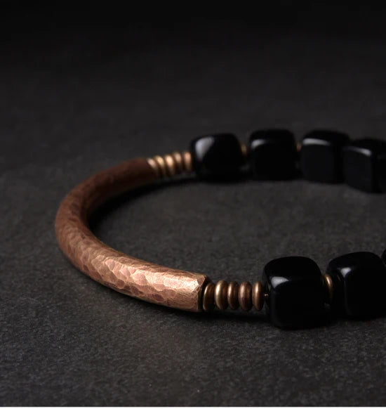 Feng Shui Black Obsidian Bracelet With Antique Copper - For Protection and Wealth - BuddhaBeyond