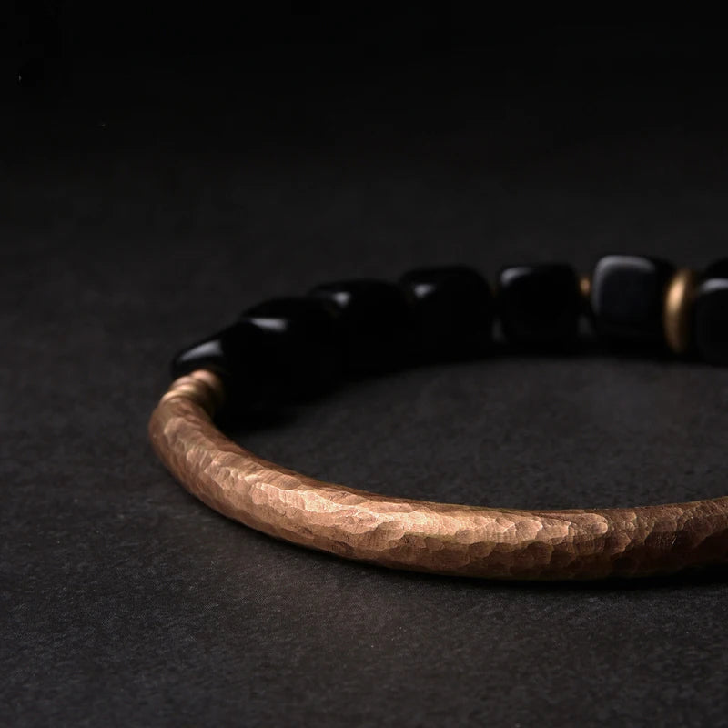 Feng Shui Black Obsidian Bracelet With Antique Copper - For Protection and Wealth - BuddhaBeyond