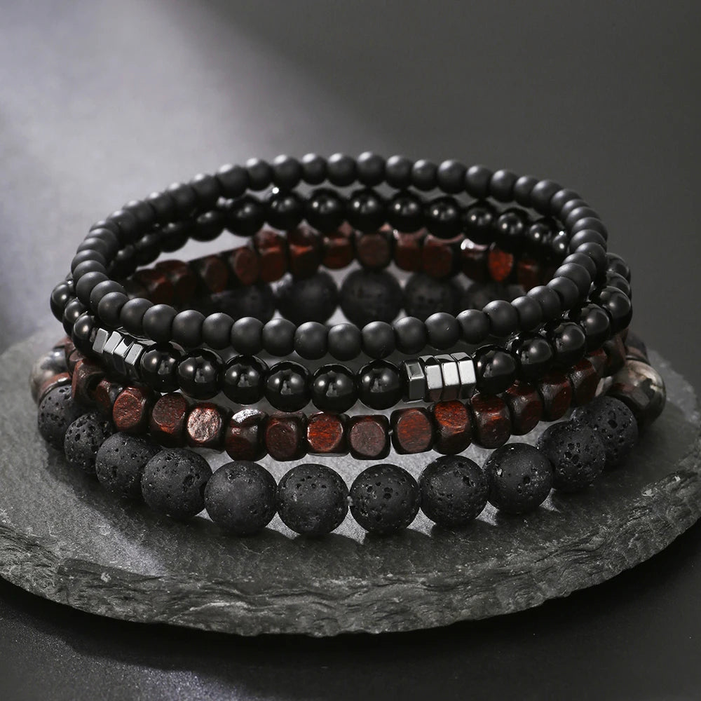 4 Set Black Gall Volcanic Stone Multi-layer Stacking Jewelry - BuddhaBeyond