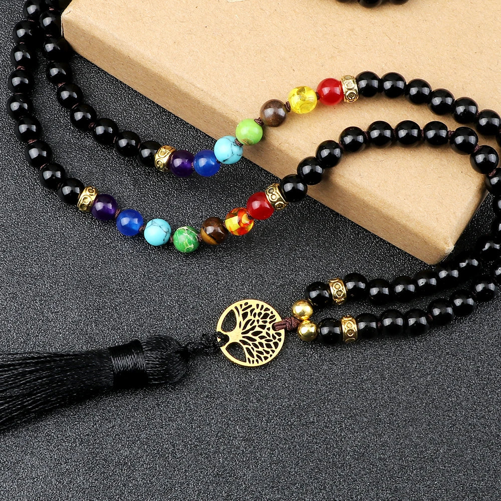 Black Onyx & Black Obsidian 7 Chakra Necklace