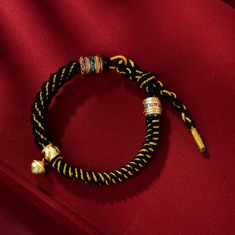 Two Tibetan Lucky Hand-woven Rope Bracelets showing detailed weaving patterns and golden charms