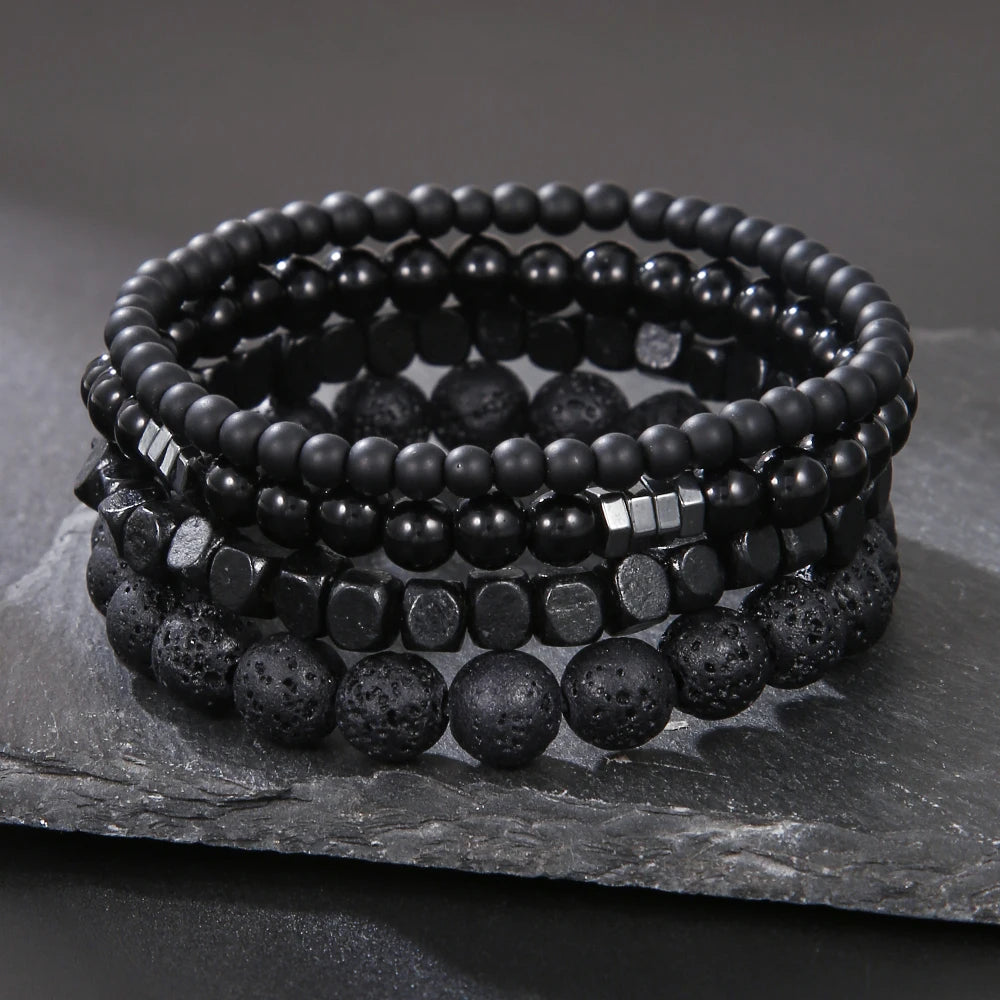 4 Set Black Gall Volcanic Stone Multi-layer Stacking Jewelry - BuddhaBeyond