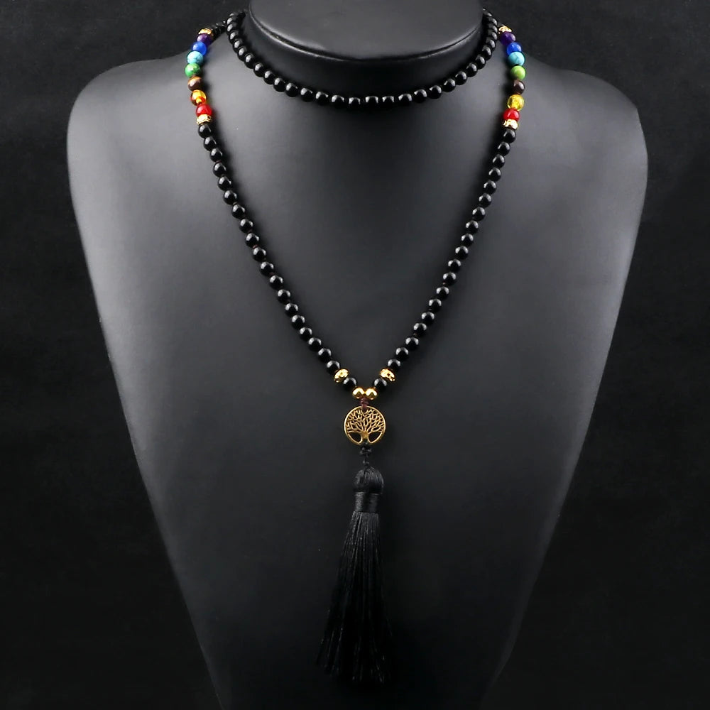 Black Onyx & Black Obsidian 7 Chakra Necklace