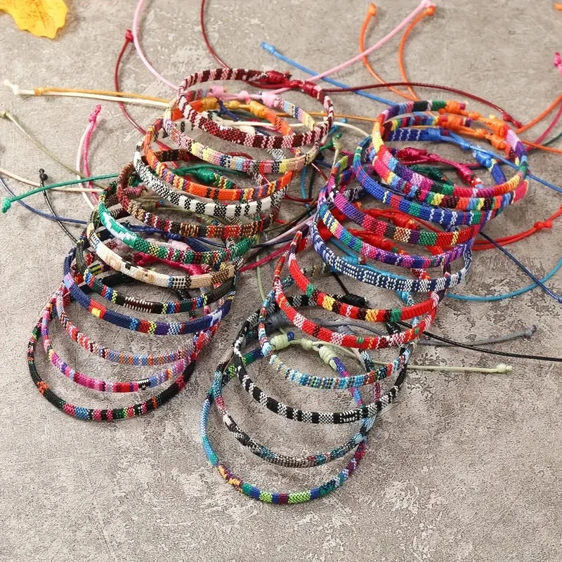Mixed pattern boho stack bracelets showcasing ethnic woven designs