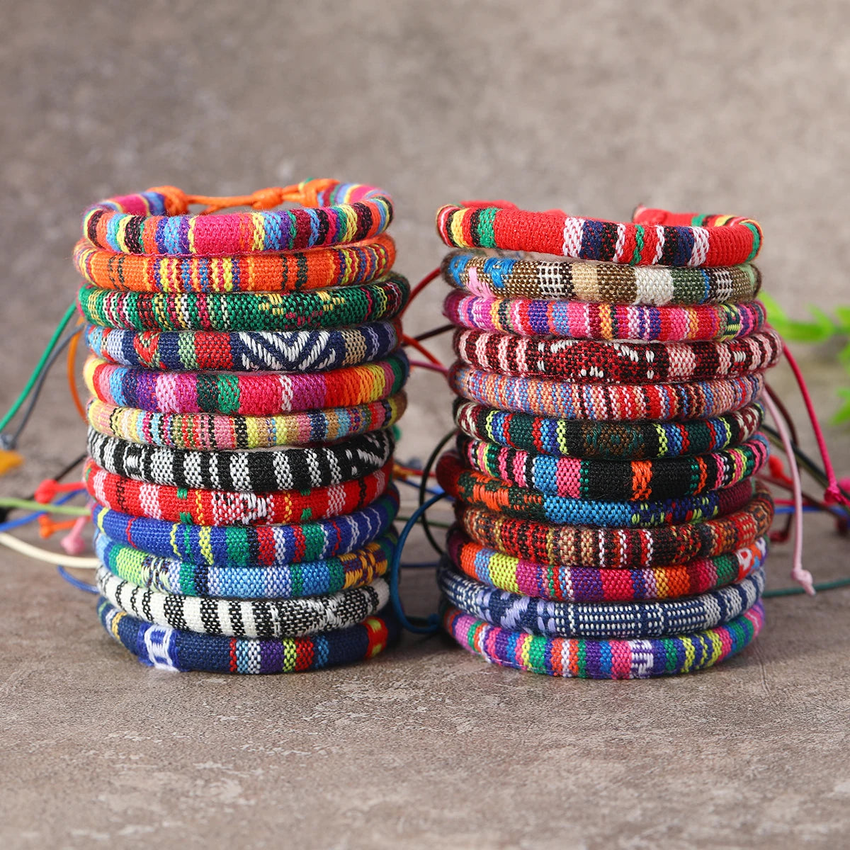 24-piece handmade boho stack bracelet set in colorful woven patterns