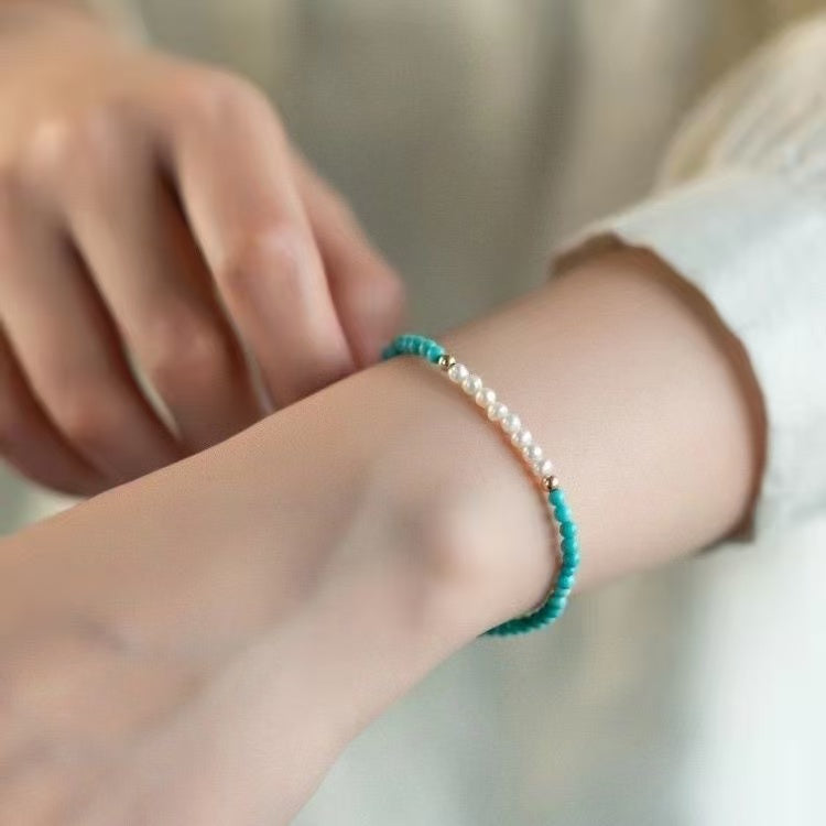 Handmade turquoise and pearl bracelet single strand boho jewelry