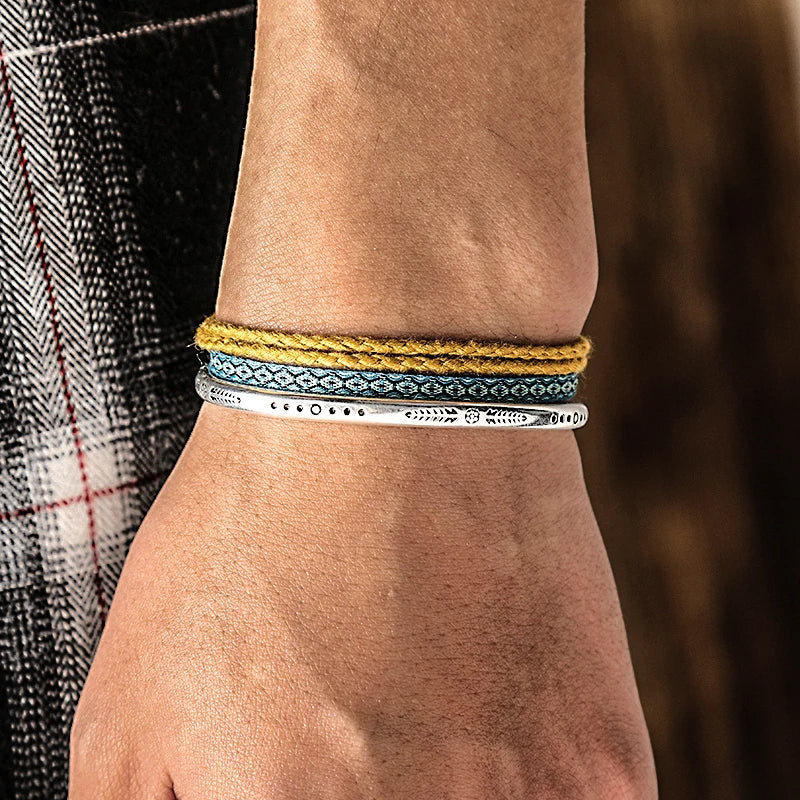 Lucky Woven Rope Bangle Wheatfield Stack — 3-piece set with S925 silver cuff, malt-yellow adjustable rope and Seville flat woven bracelet, unisex