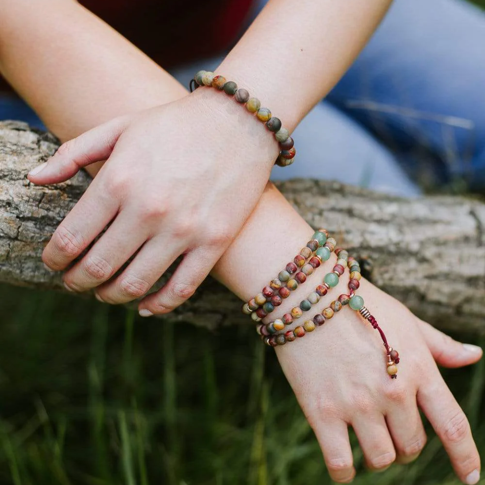 Riverstone mala bracelet in meditation setup